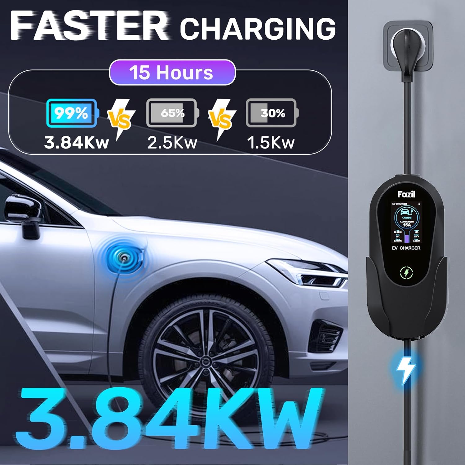 Level 1 &2 EV Charger, Electric EV Charger with 26FT Cable,16Amp, Adjustable Current 12H Smart APP, NEMA 6-20 & NEMA 5-15 Adapter, Carry Bag, Compatible with J1772 Evs