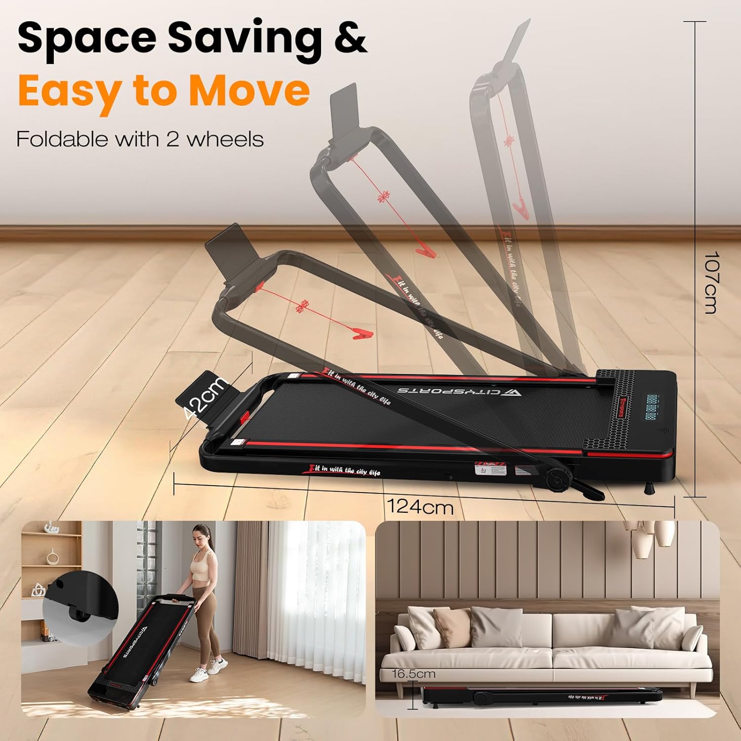 CITYSPORTS Treadmill unfolding and folding for storage, showing dimensions and transport wheels.