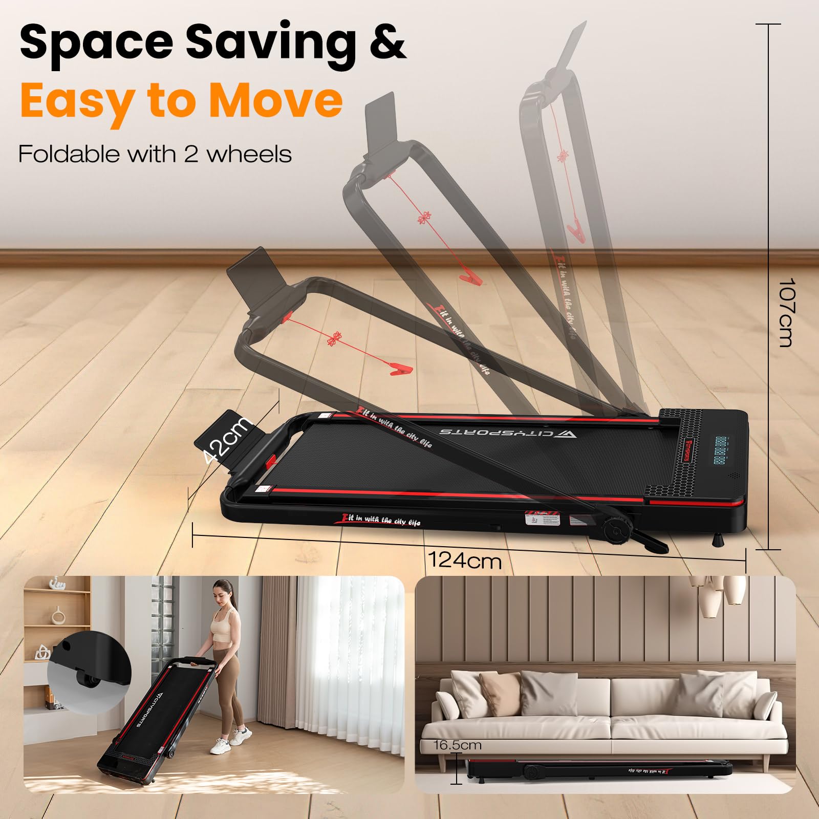 CITYSPORTS Cinta de Correr Plegable con Inclinación, Walking Pad 12 km/h | Cinta de Andar Eléctrica para Casa y Oficina