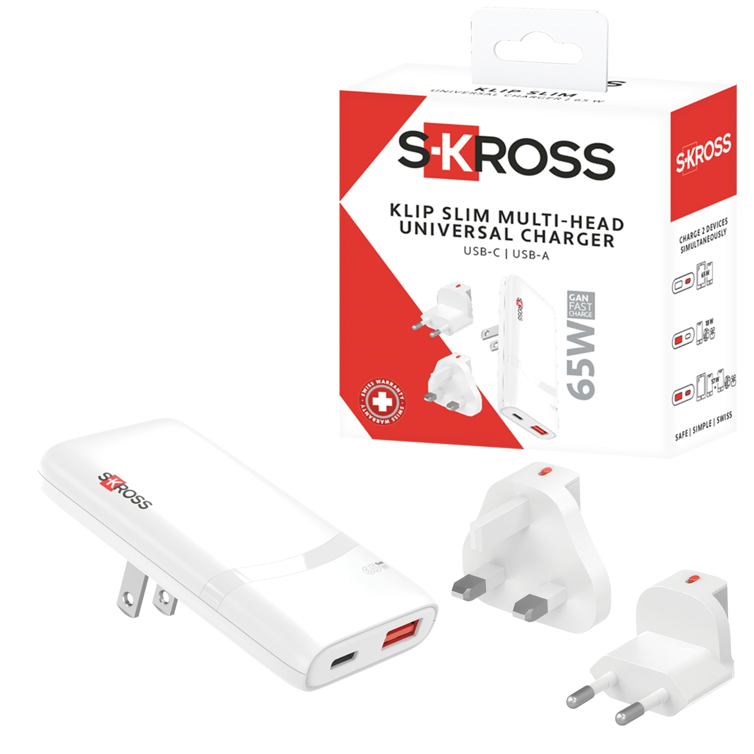 SKROSS - Caricabatterie slim da parete 65W multipresa EU/UK/USA due porte USB-A e USB-C carica 2 dispositivi in contemporanea
