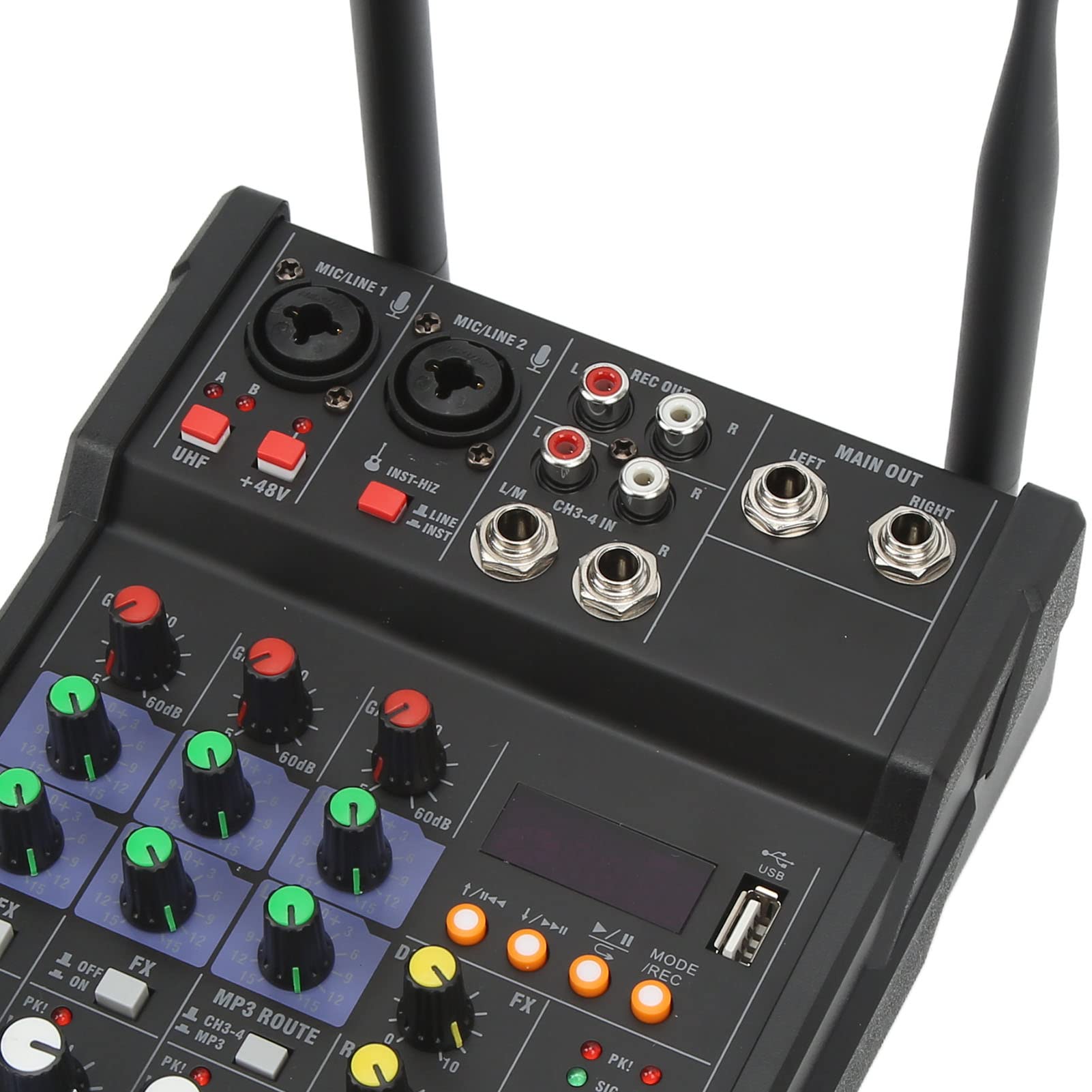 Walmeck Mały Metalowy Mikser Stereo z 2 Mikrofonami Bezprzewodowymi do Transmisji na żywo i Imprez Karaoke
