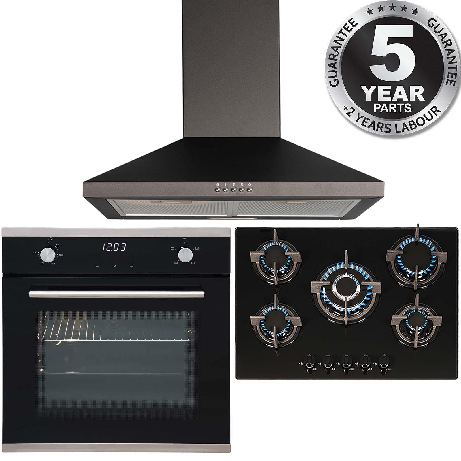 SIA Black Touch Control Single Oven, 5 Burner Gas Hob And Chimney Extractor Fan — view 9