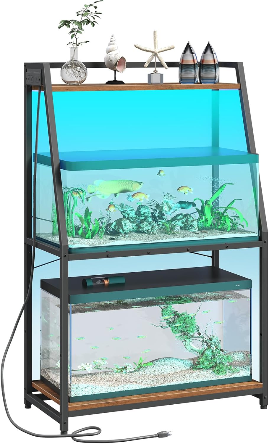 HOOBRO 20-29 Gallon Fish Tank Stand with Power Outlets and LED Light, Heavy Duty Aquarium Stand, Metal Frame Reptile Turtle Tank Stand, 33.1'' L x 15.7'' W, 300 LBS Capacity, Rustic Brown BF41UDFT01