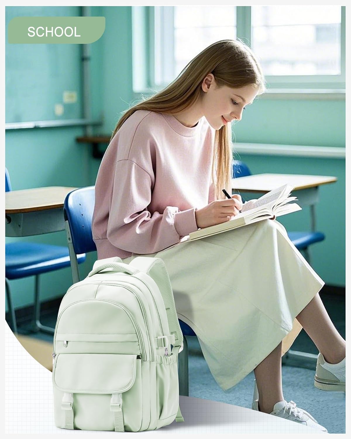 Waterproof Aesthetic Backpack For School, Cute High School Bookbag For Teen Girls Boys, Lightweight Casual Daypack Backpack For Women Men, College Backpack With Lots Of Pockets（MintGreen） - Image 2