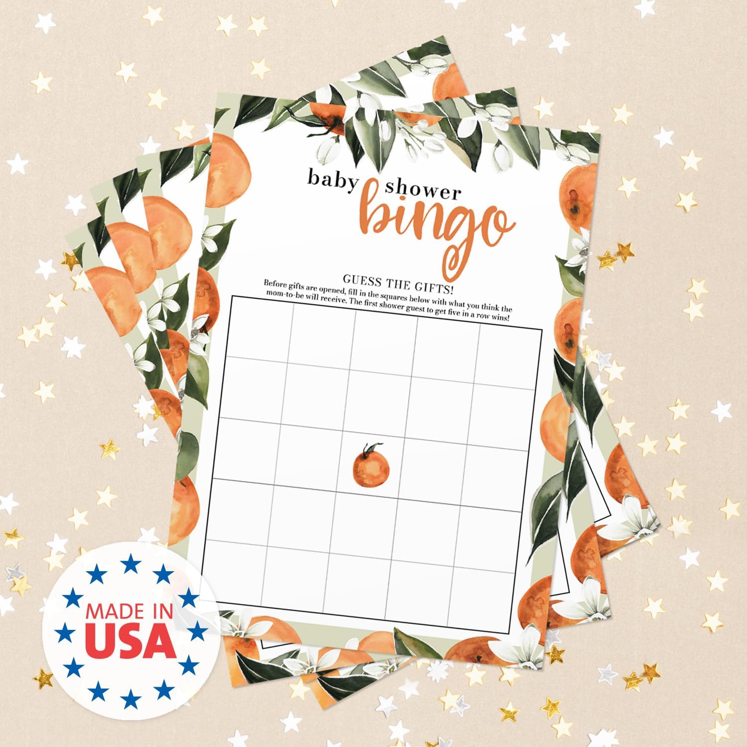 Canopy Street Little Cutie Baby Shower Bingo Cards / 25 Baby Shower Game Cards / 5" x 7" Fill In Clementine Citrus Baby Shower Activity Sheets/Made In The USA