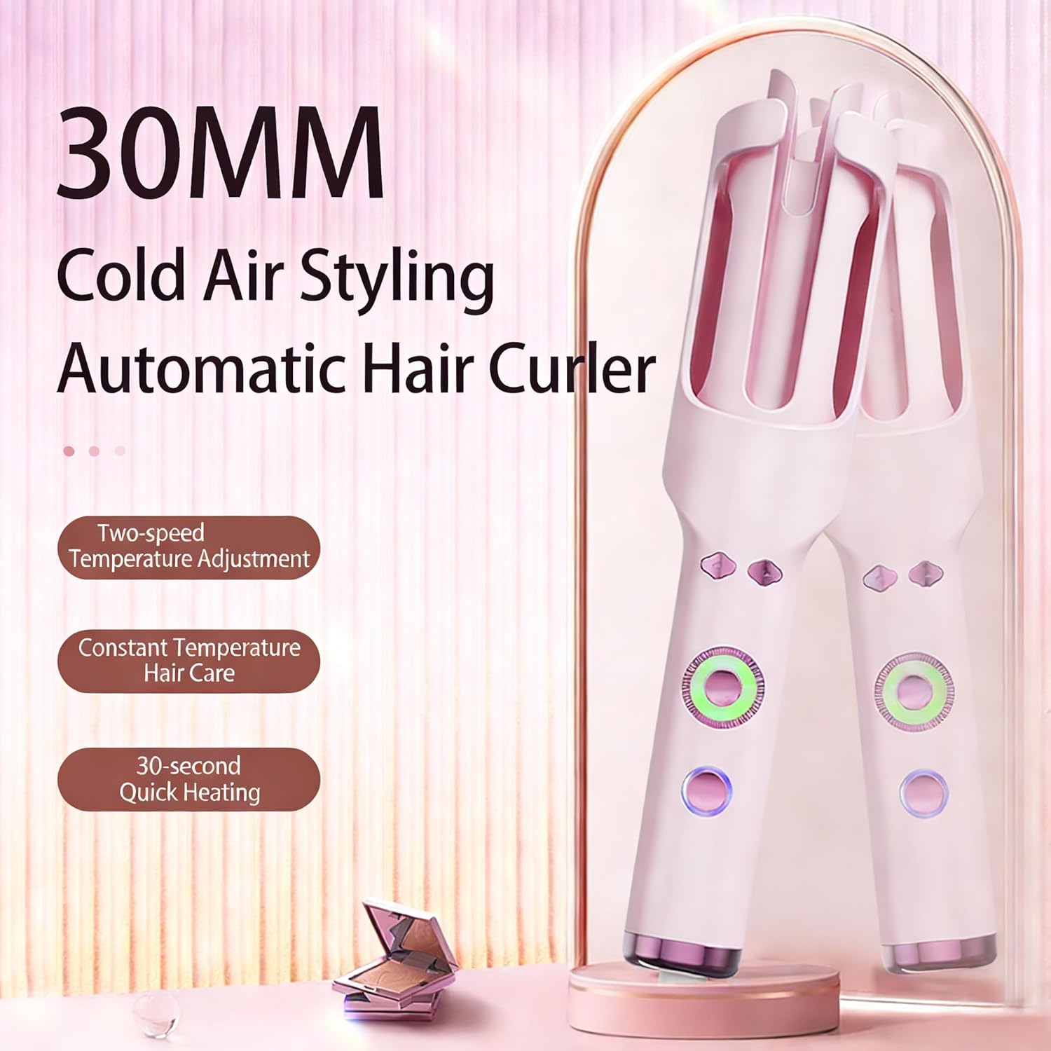 Upgraded Automatic Rotating Curling Iron, Long-Handled Curling Iron, Suitable for Long Hair, Women's Ceramic Curling Iron, Heat-Resistant, Tangle-Free, 600M ions, Dual Voltage (Pink)