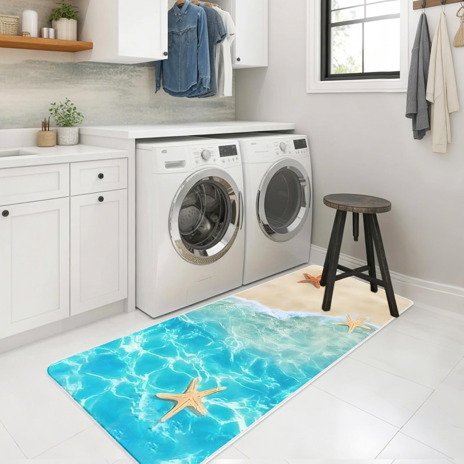 Summer Beach Kitchen Mats Set of 2 Blue Teal Ocean Waves Beige Sand Starfish Shells Non Slip Mat Washable Floor Rug for Kitchen Sink Floor Laundry, 15.7"x23.6"+15.7"x47.2"