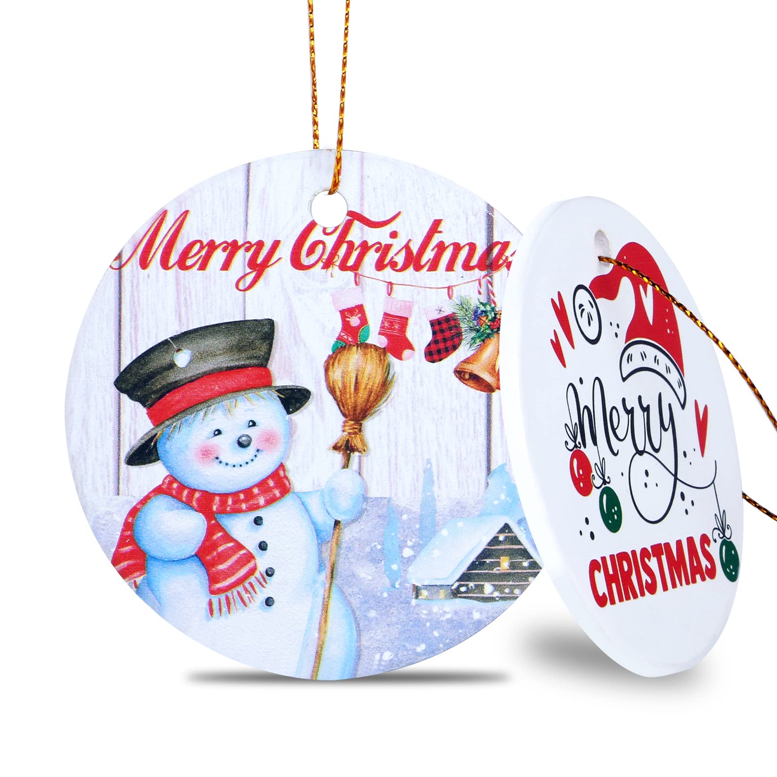 2022 Christmas Ornaments Double-Sided Printed Ceramic Hanging Ornament with Gold String,Christmas Tree Decorations-Merry Christmas