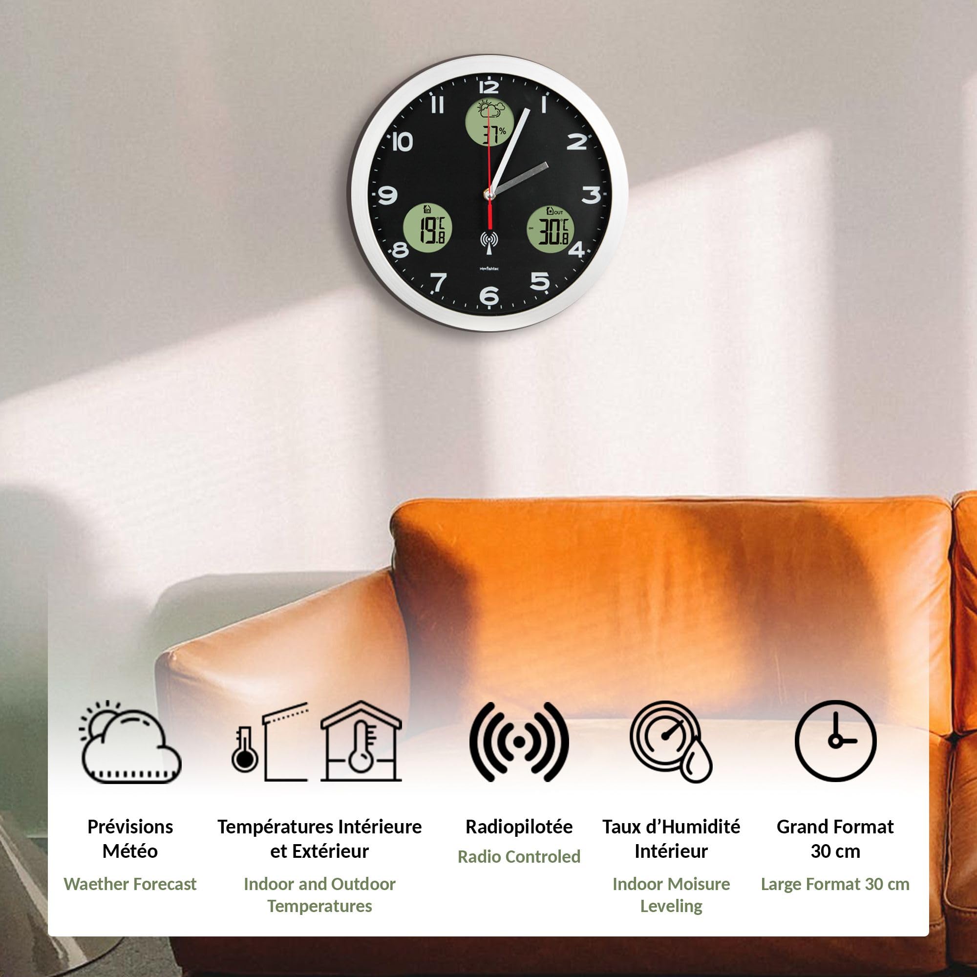 FISHTEC Wanduhr Wetterstation - Digitale Anzeige: Wetterprognose + Innentemperatur/Außentemperatur + Raumluftfeuchtigkeit - Fühler Außentemperatur - Ø 30 cm