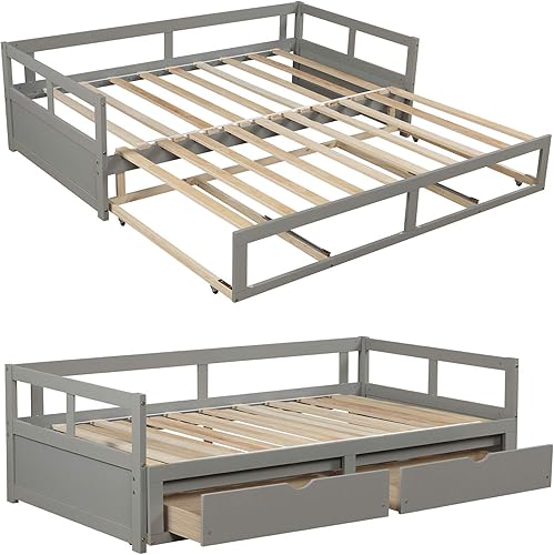 Miniatura 4 de Harper & Bright Designs Sofá cama individual con cama nido, sofá cama extensible con cajones de almacenamiento, sofá cama de madera individual a