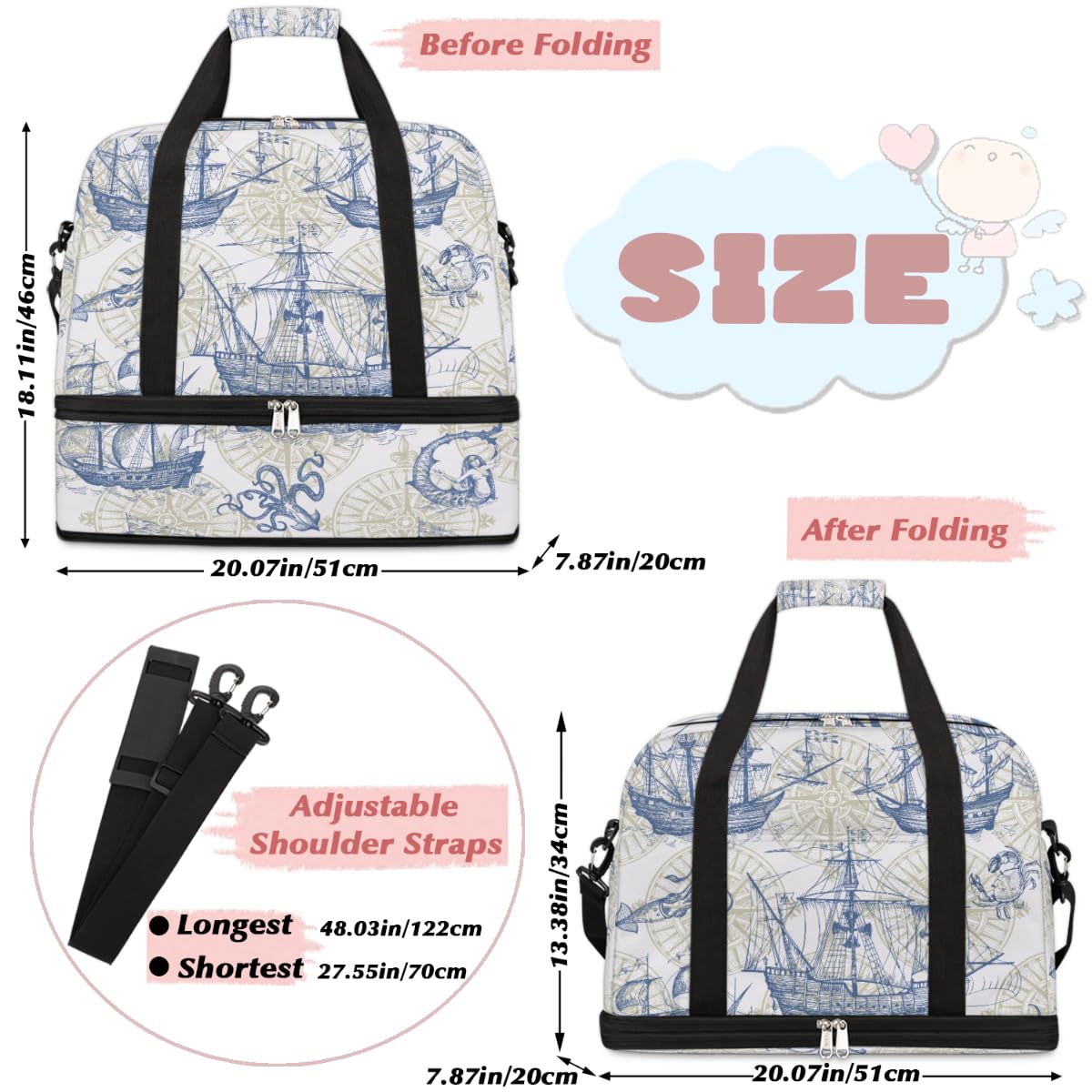 Old Sailboat Monster Maps - Bolsa de viaje plegable de 47 L, bolsa de fin de semana con funda de carrito para hombro, bolsa de hombro separada para deportes, gimnasio, viajes, multicolor, 47L, Bolsa