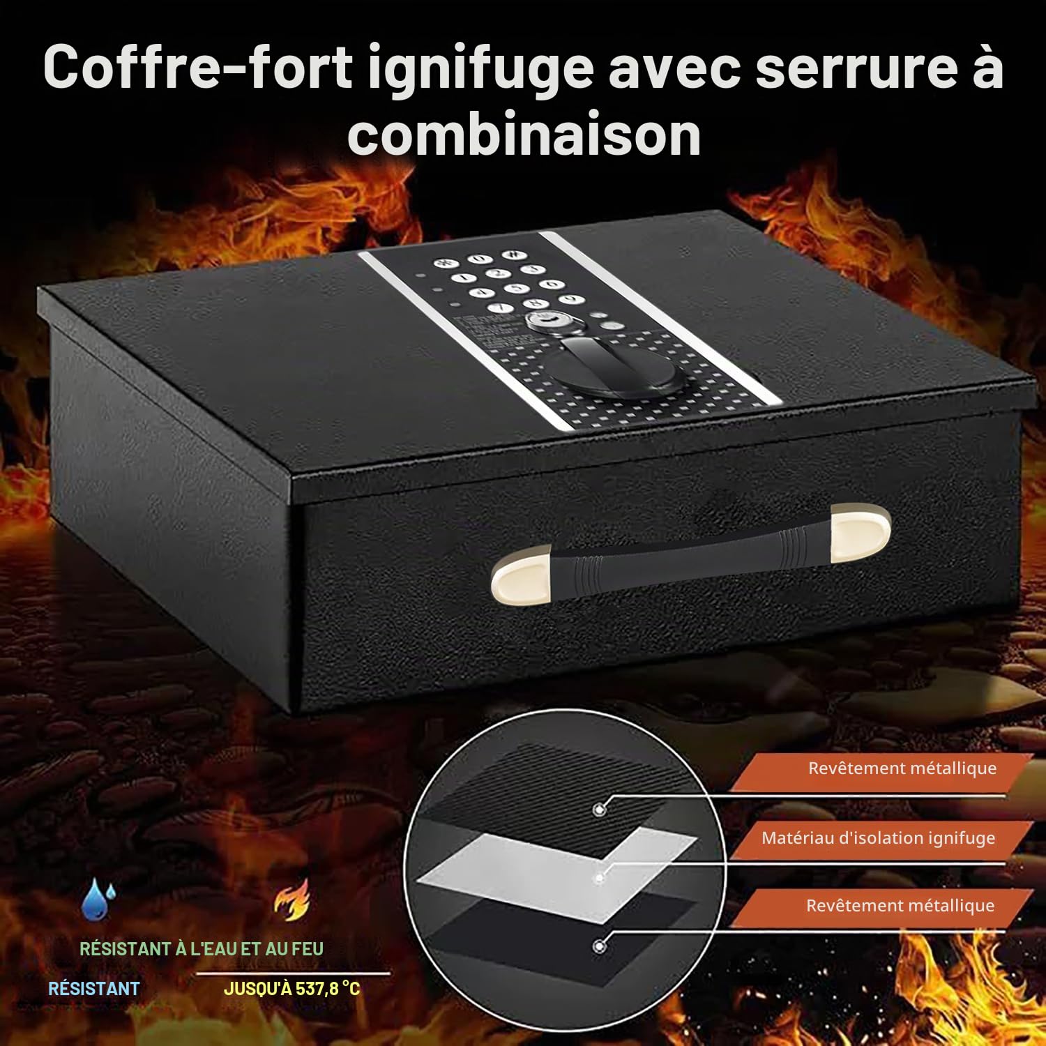 Boîte à Documents Portable Ignifuge avec Code Numérique et Clé, Petit Coffre Fort, avec Poignée, Résistant au Feu, Étanche pour Argent, Médicaments, Documents A4, Bureau et Extérieu
