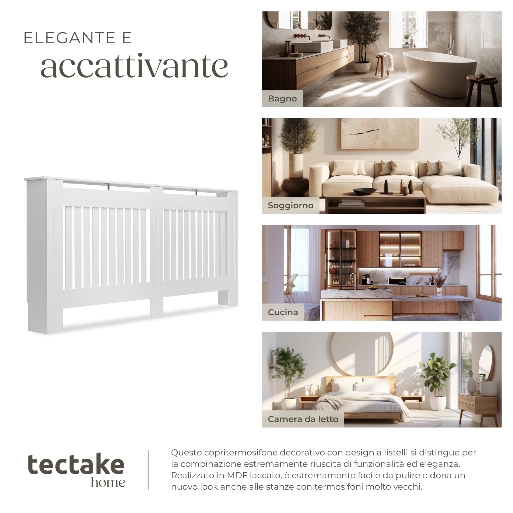 tectake® Copri Termosifoni con Ripiano, Copricalorifero Design a Lamelle, Copritermosifoni con Aperture per Circolazione Aria, Copertura Radiatori con Mensola da Termosifone, 172,3x19x82 cm- Bianco