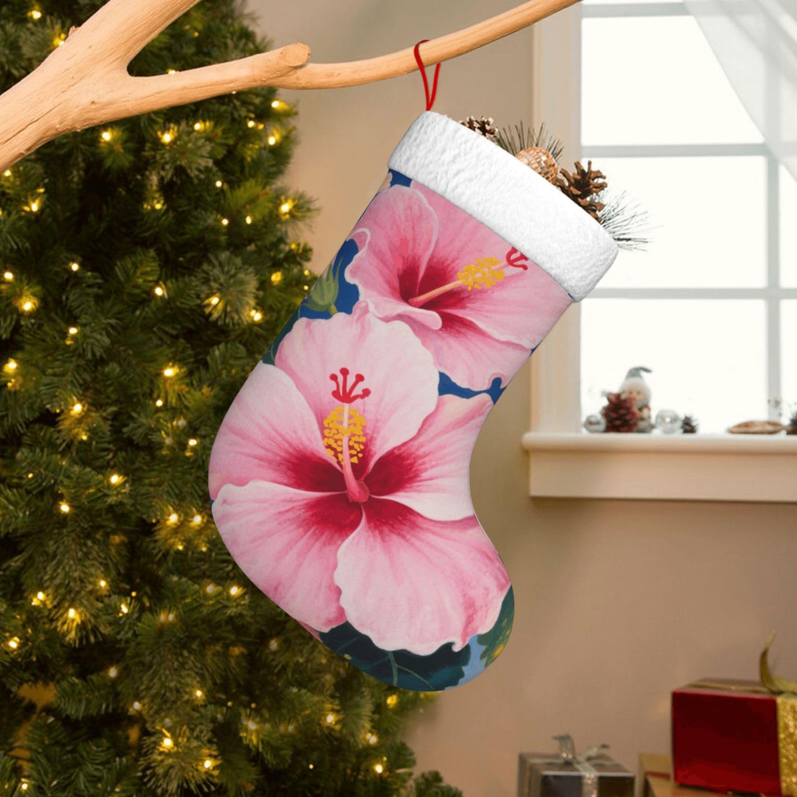 Velvet Christmas Stockings 17.7 Inch, Blooming Hibiscus Xmas Stocking with Soft Cuff,Classic Personalized Christmas Tree Decoration for Family Holiday New Year Party Supplies