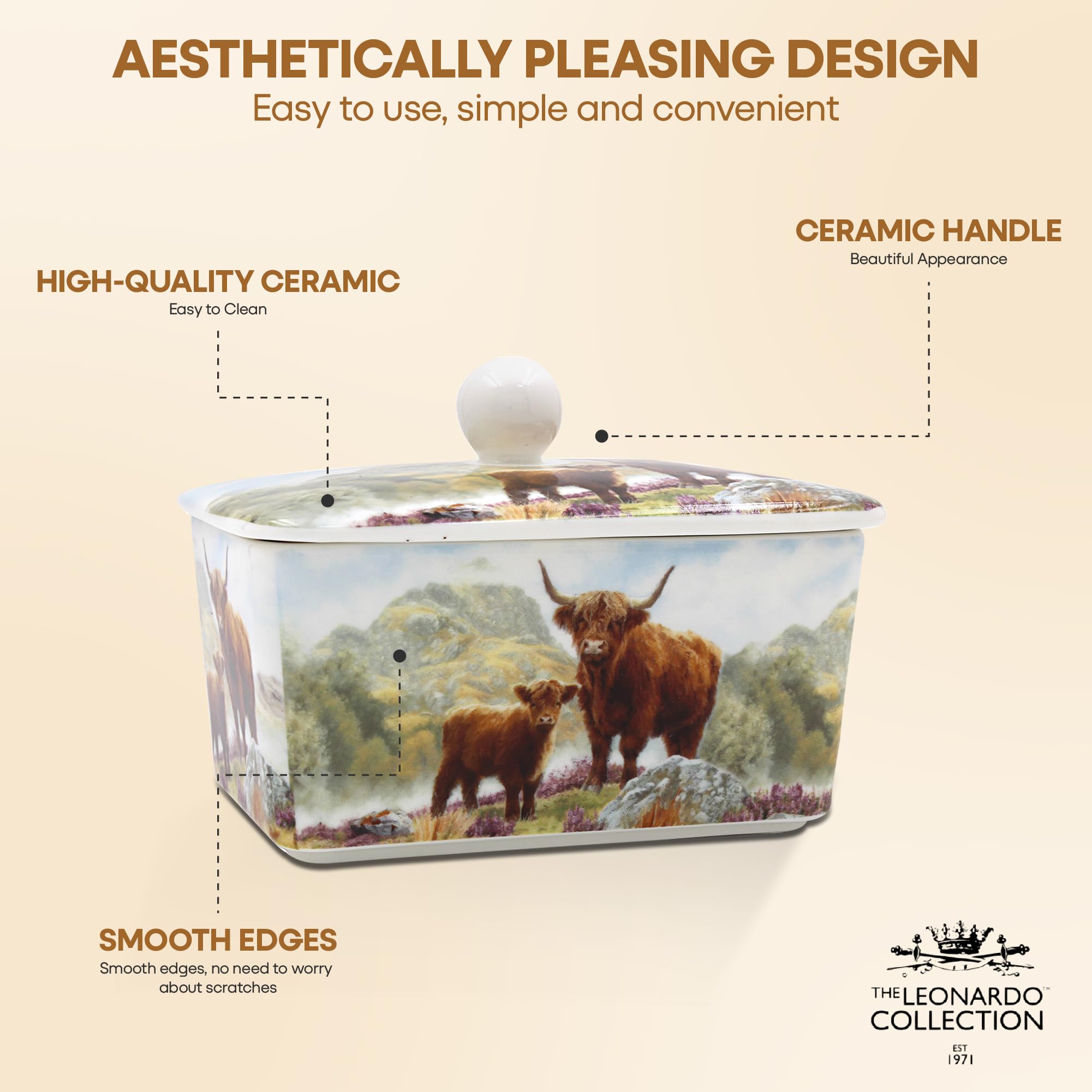 The Leonardo Collection Macneil Studios - Portaburro decorativo in porcellana con coperchio, stile rustico, con motivo bovino delle Highland