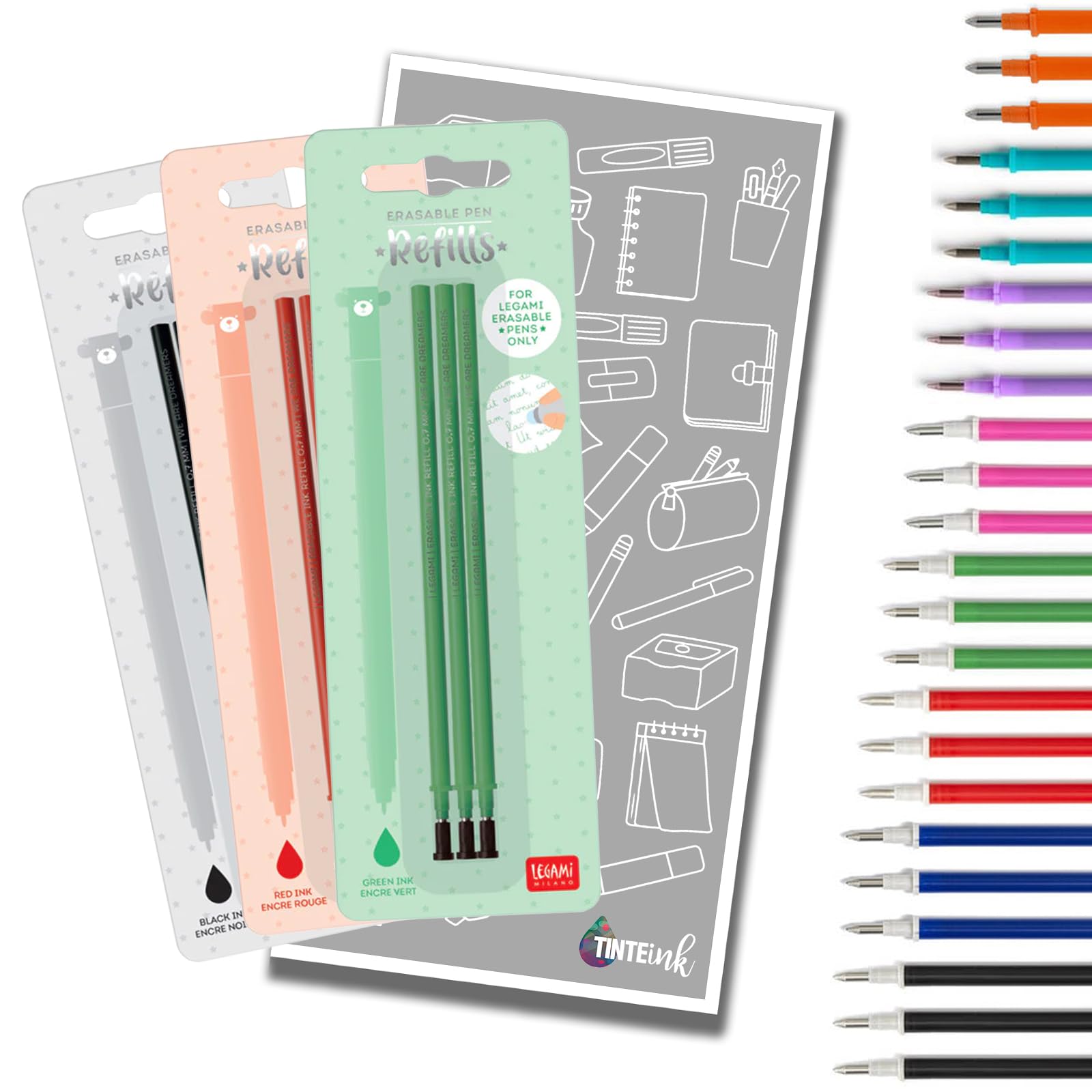 Legami Pen Refills Gel for Erasable Gel Pen Range with Tinte Ink Envelope (Black, Red & Green)