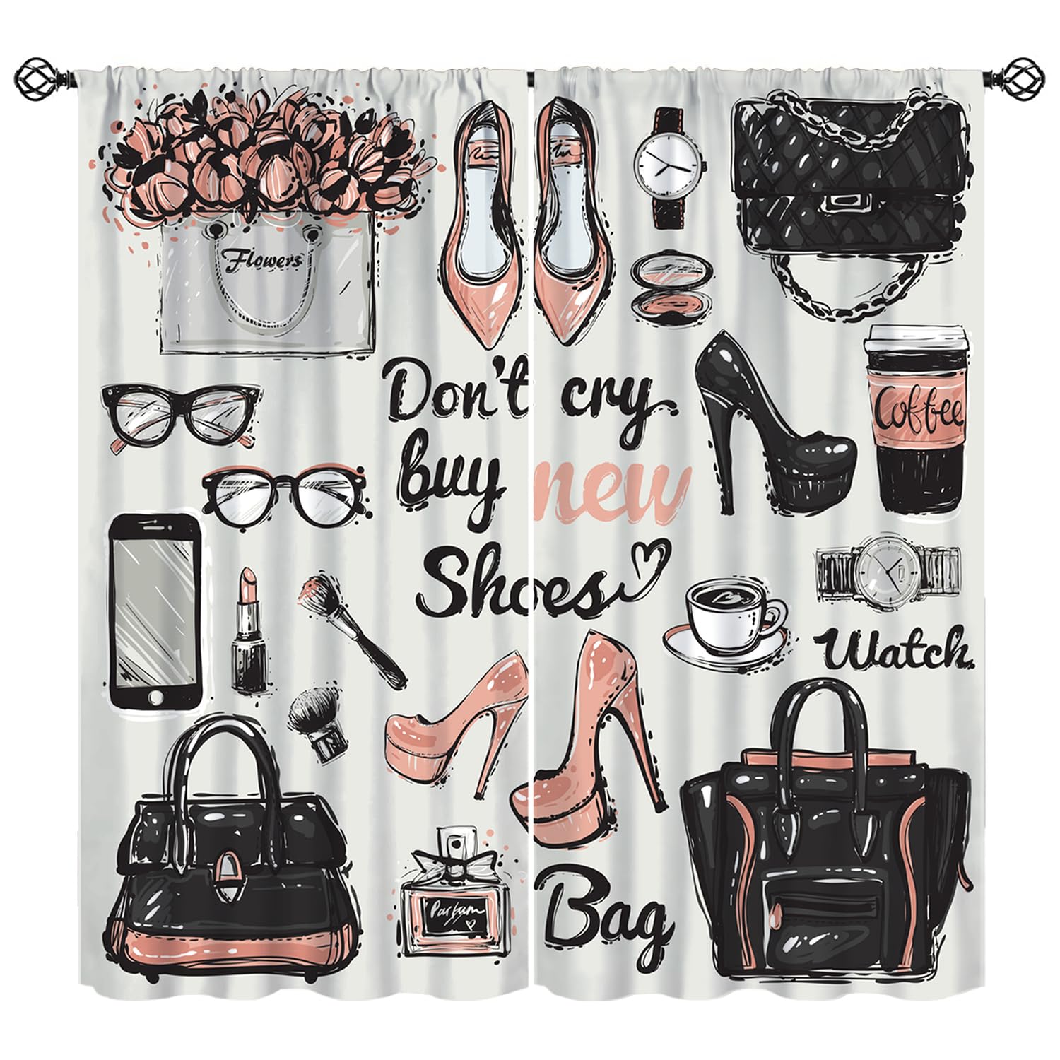 Modern Fashion Curtains, Elegant Makeup Girl Lipstick Perfume High Heels Romantic Window Treatments, Rod Pocket Thermal Insulated Drapes 2 Panel Sets