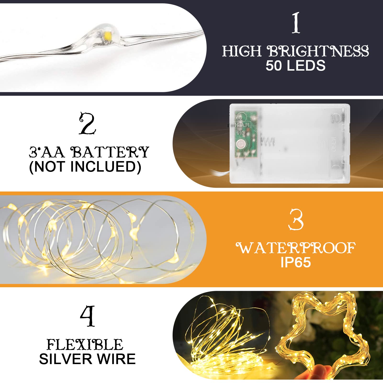 AGOTD Łańcuch świetlny LED, 2 sztuki, 5 m, 50 diod LED, zasilanie bateryjne, miedziany drut, dekoracja na imprezę, do ogrodu, na Boże Narodzenie, wesele, do pokoju (ciepła biel)