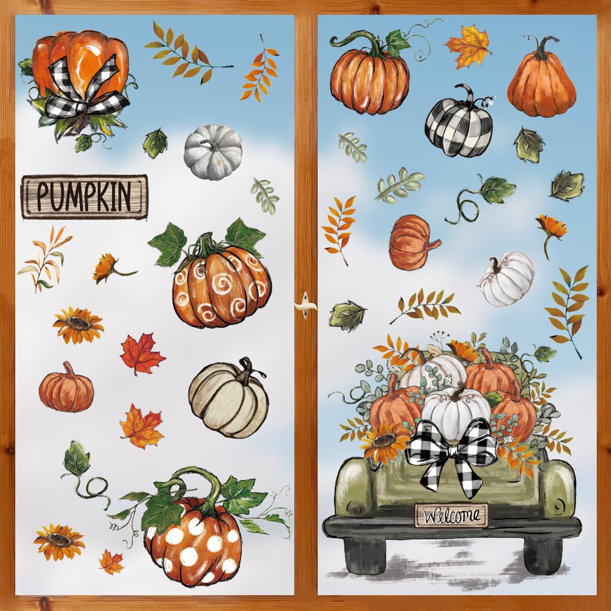 Horaldaily 55 PCS Fall Window Cling Sticker, Thanksgiving Autumn Harvest Leaves Pumpkin Truck Sunflower Home Party Supplies Shop Window Glass Display Decoration