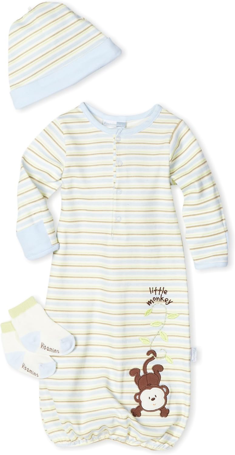 Vitamins Babyboys Newborn Little Monkey 3 Piece Gown Set