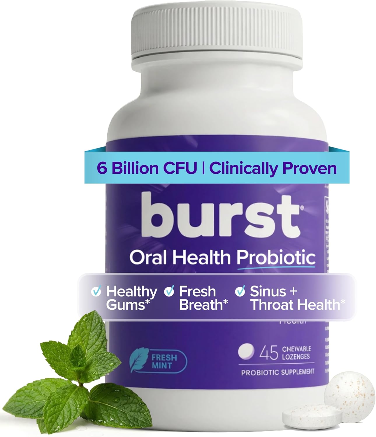 Burst Dental Probiotics (45 Count) | Oral Probiotics for Teeth and Gums | Immune System & Sinus Support | Promotes Upper Respiratory & Oral Health | Bad Breath Treatment for Adults | Made in the USA