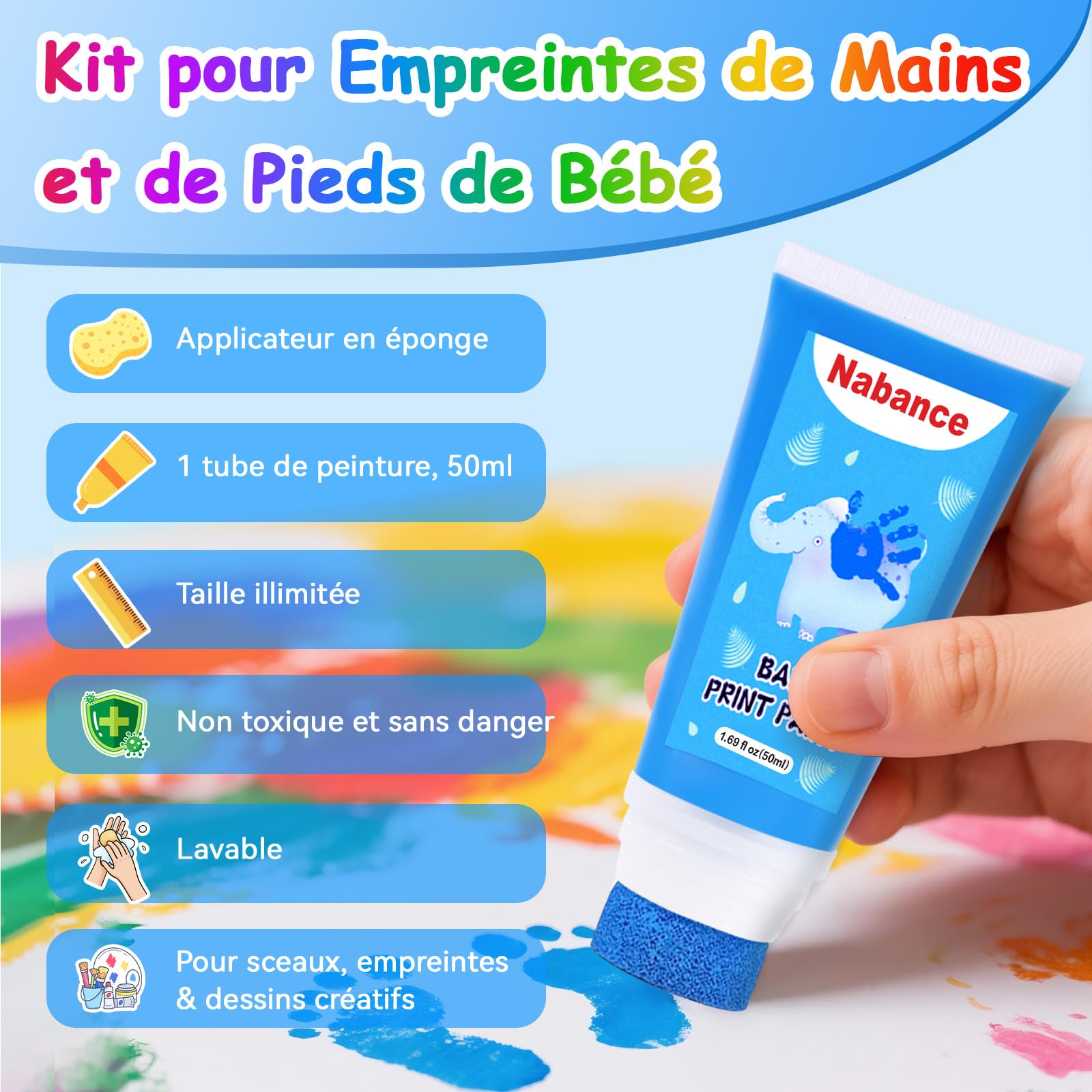 Nabance Kit Empreinte Bebe Avec Attachement Éponge, Encre pour Empreinte Bebe Non Toxique et Lavable, Cadeau Naissance, Souvenir Bébé à Créer, Les Bricolages Familiaux, Cadeau de Noël - Bleu