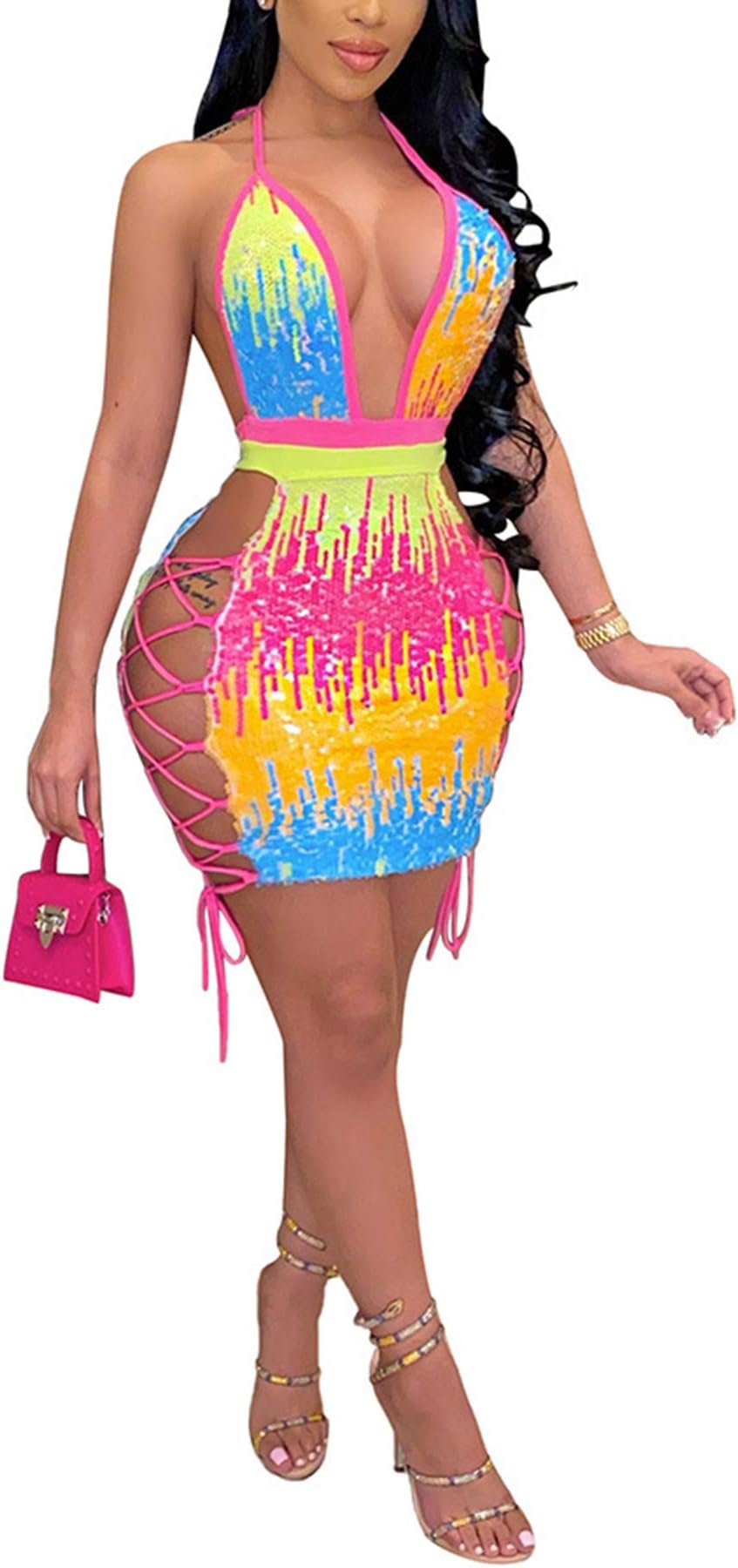 Women Sexy Sequin Mini Dress Halter Sleeveless Side Lace Up Hollow Out Party Club Bodycon Dresses Bodysuit