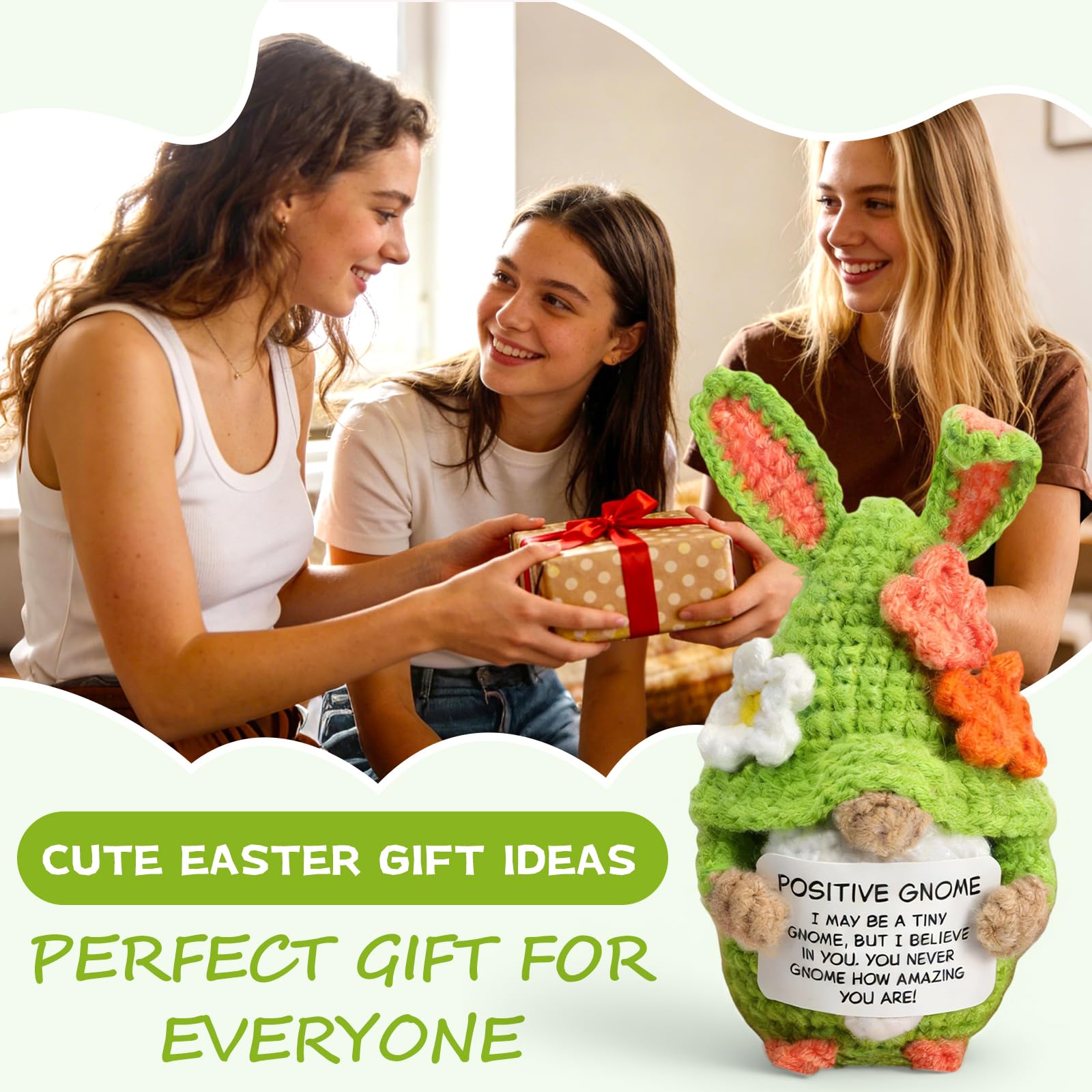 Easter Positive Gnome, Crochet Gnome, Emotional Inspirational Support Knitted Doll, Easter Basket Stuffer, Inspirational Gnome Gifts for Women
