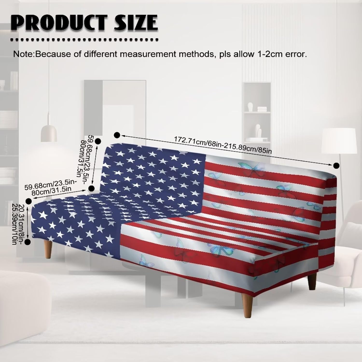 Stretch Sofa Slipcover Patriotic American Flag Armless Futon Bed Cover Furniture Protector Without Armrests with Elastic Bottom for Kids and Pets