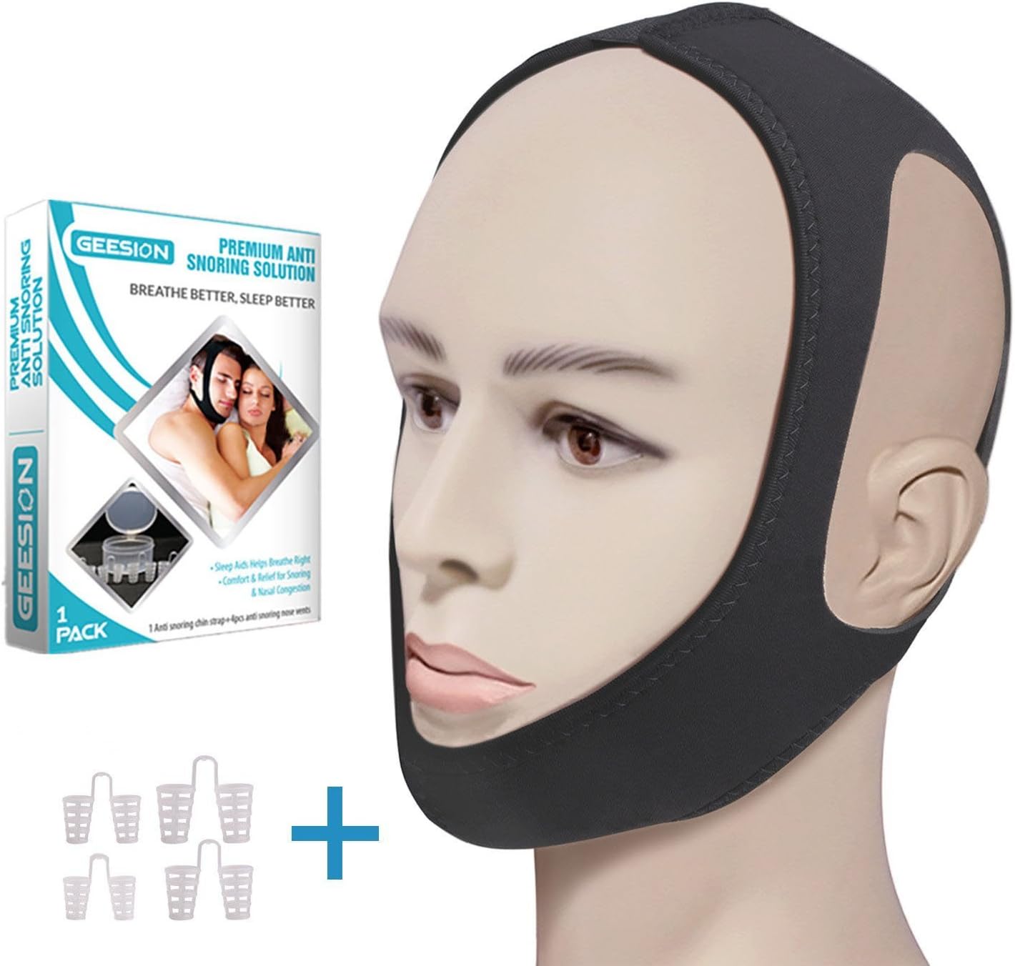Anti Snoring Chin Strap & Nose Vent by Jensens - Adjustable Sleep Aid Device for Men, Women and Kids. Nasal Dilator for Snoring Reduction Devices - Adjustable Strap with Nose Vents Comfortable