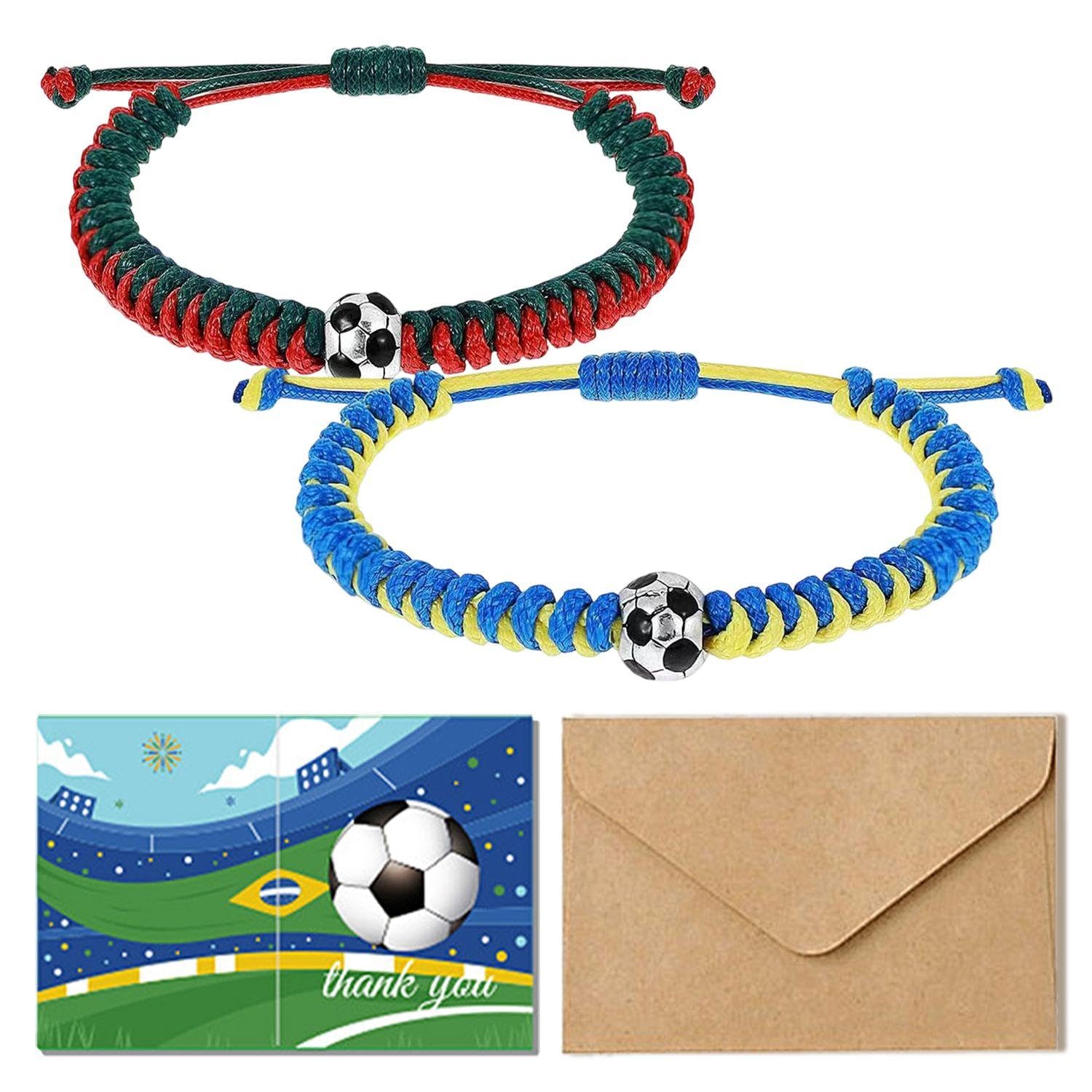 2 Deportes Pulseras De Fútbol con Motivo De, 1 Tarjeta De Felicitación Y Envolvente, Ajustable Trenzado Niño De Pulsera, De La Copa del Mundo De Recuerdos.
