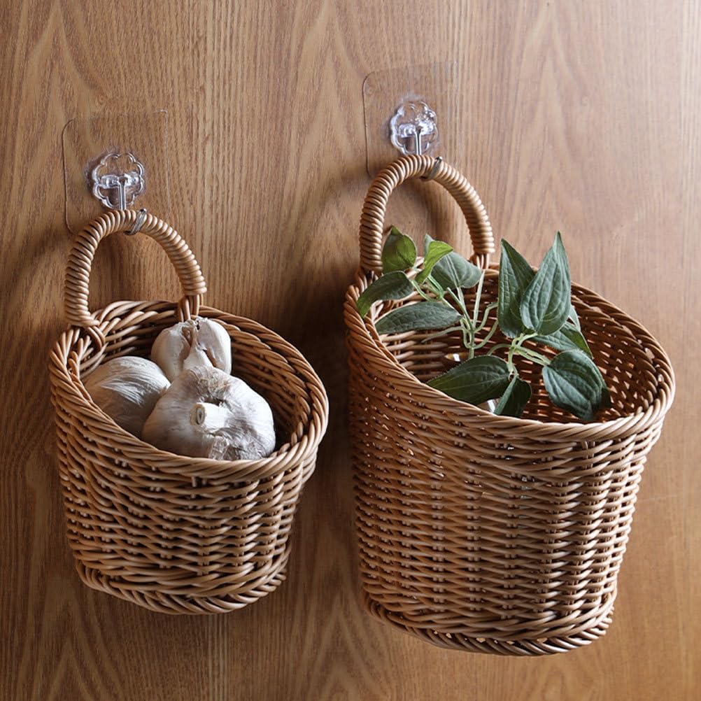 PRETYZOOM Cestino Portaoggetti Sospeso Da Parete Per Cucina 2 Pezzi Cestini Intrecciati in Plastica Per Conservare Aglio Cipolla E Design Salvaspazio Ed Elegante