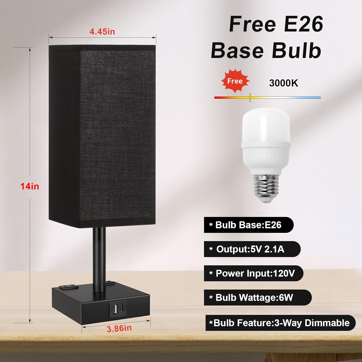 Touch Bedside Table Lamp for Nightstand - 3-Way Dimmable Night Lamp with USB A + Type C Charging Ports and Two AC Outlets, Small Desk Light with E26 LED Bulb for Bedroom Living Room Dorm Office,Black