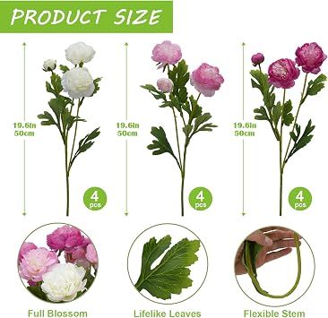12PCS Ranunculus Artificial Flowers, Pink Peony Bouquet 19.6