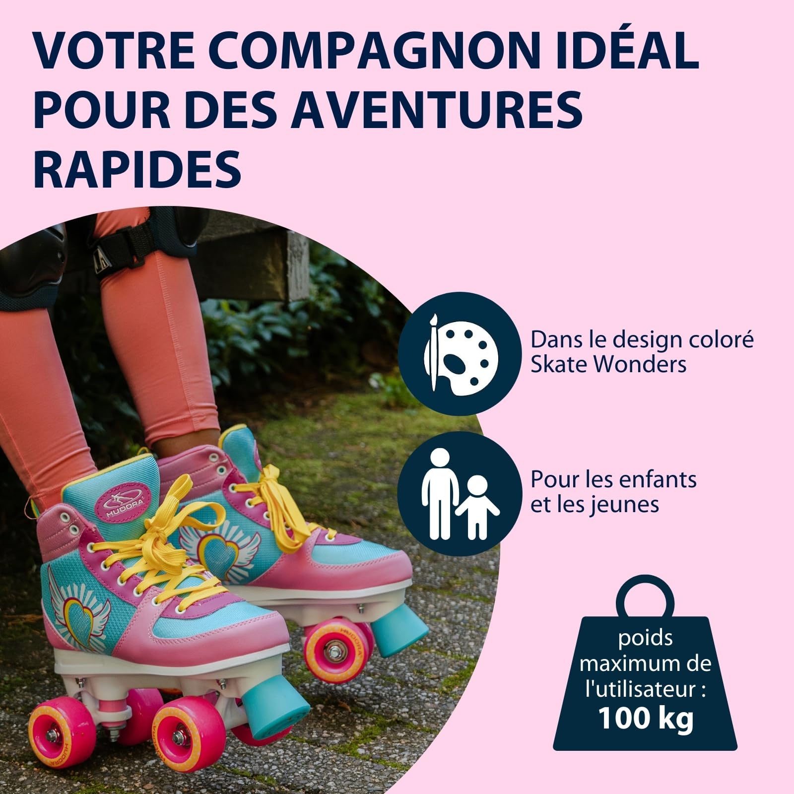 HUDORA Patins à roulettes Wonders en différentes Tailles - Patins Confortables pour Enfants au Design Cool - Patins pour Enfants et Adolescents - Chaussures de Roller en Similicuir de Haute qualité