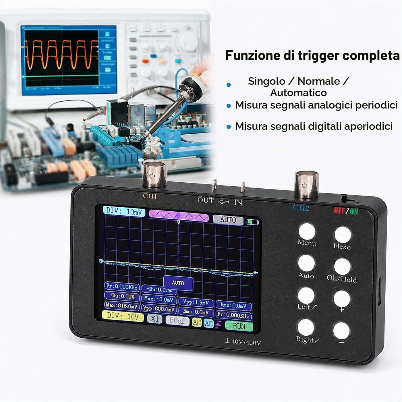 Fyearfly Oscilloscopio A Doppio Canale, Oscilloscopio Digitale Multimetro Generatore di Segnale Portatile A 2 Canali Larghezza di Banda 2 MHz con Display LCD Retroilluminato + Clip A Coccodrillo