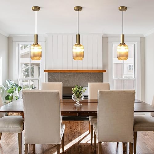 Miniatura 7 de KCO Iluminación 1 luz ámbar lámpara de techo lámpara colgante de vidrio a rayas vintage lámpara colgante cilíndrica de granja oro mini isla de