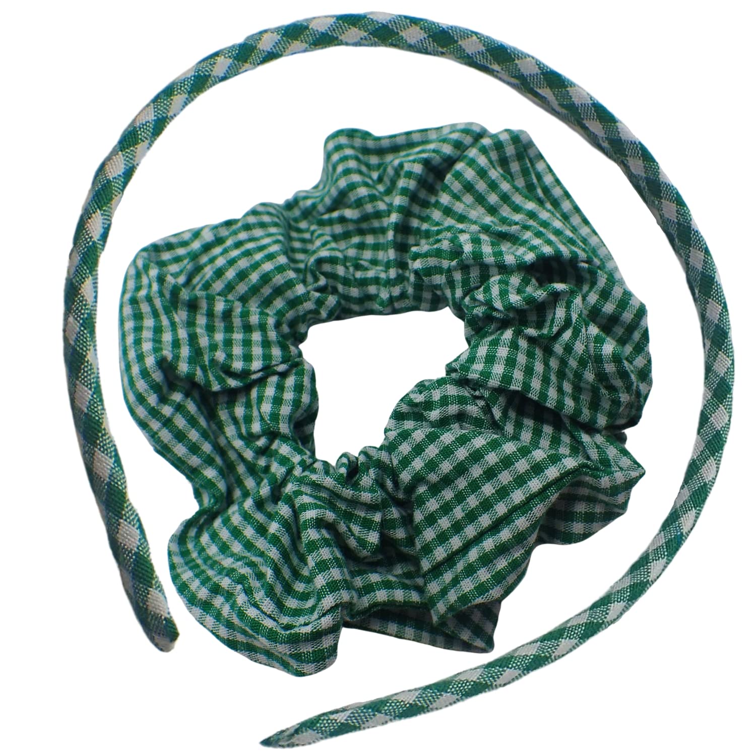 Topkids Accessories Gingham Alice Band And Matching Hair Scrunchie Set Kids Hair Accessories Hair Scrunchies For Women Girls Headbands Girl Hair Accessories Head band (Gingham Bottle Green)