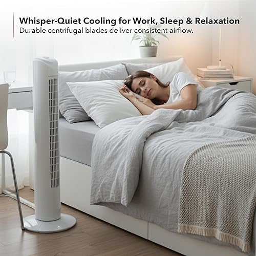 Miniatura 2 de OVENTE Ventilador de torre de 32 pulgadas para dormitorio, ventilador de soporte portátil con oscilación de 90, velocidad ajustable, ventilador de