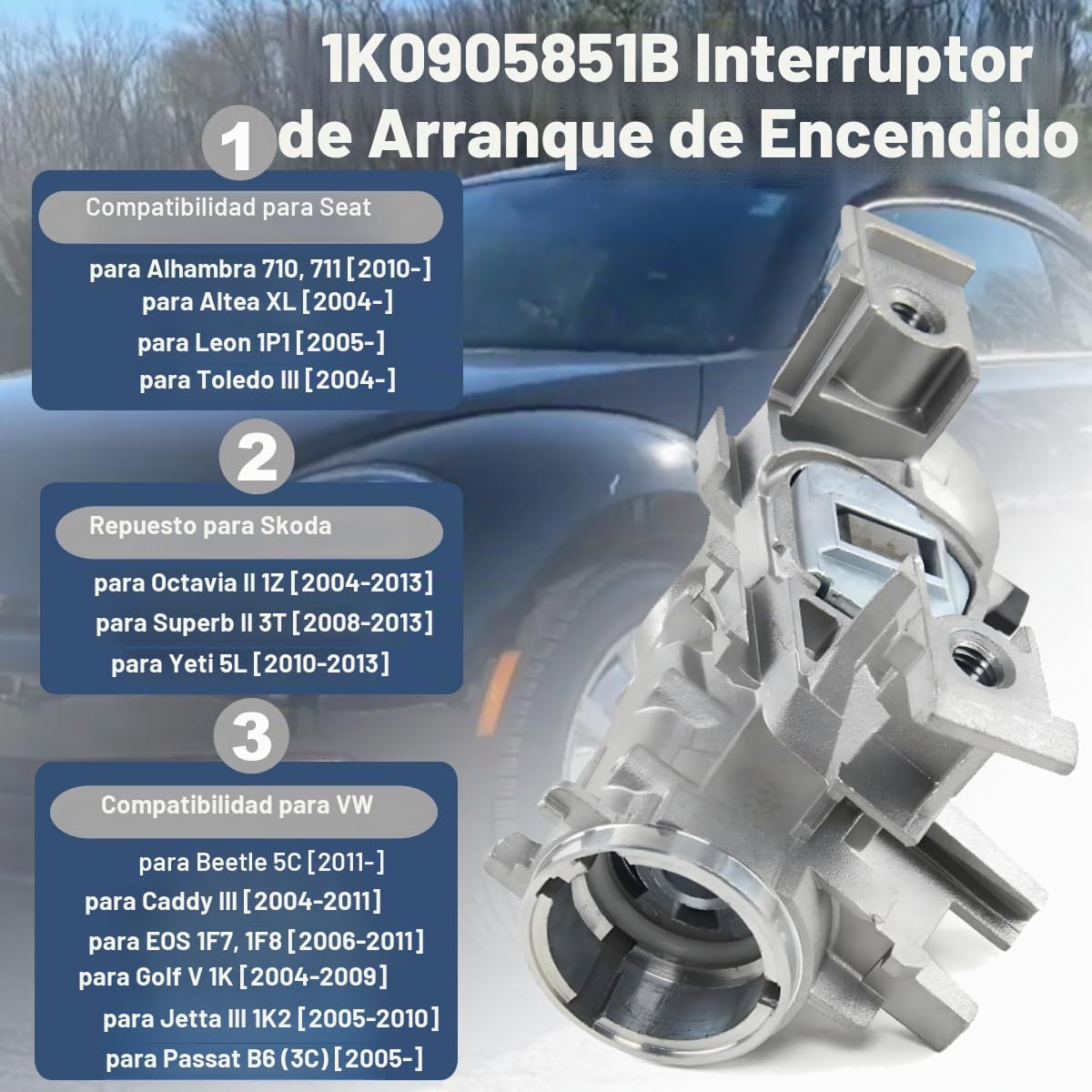 ZAMDOE 1K0905851B Cerradura de Encendido para Audi A1 A3 TT 8J Q3 8U para Seat Alhambra ALTE Leon para VW Jeta Golf Touran EOS Caddy MK5 MK6 1K0905865 1K0905841 Interruptor de Encendido