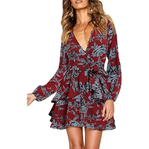 UGUEST Women Long Sleeve V Neck Dress, Floral Mini Cocktail Party Wedding Guest Dress with Belt