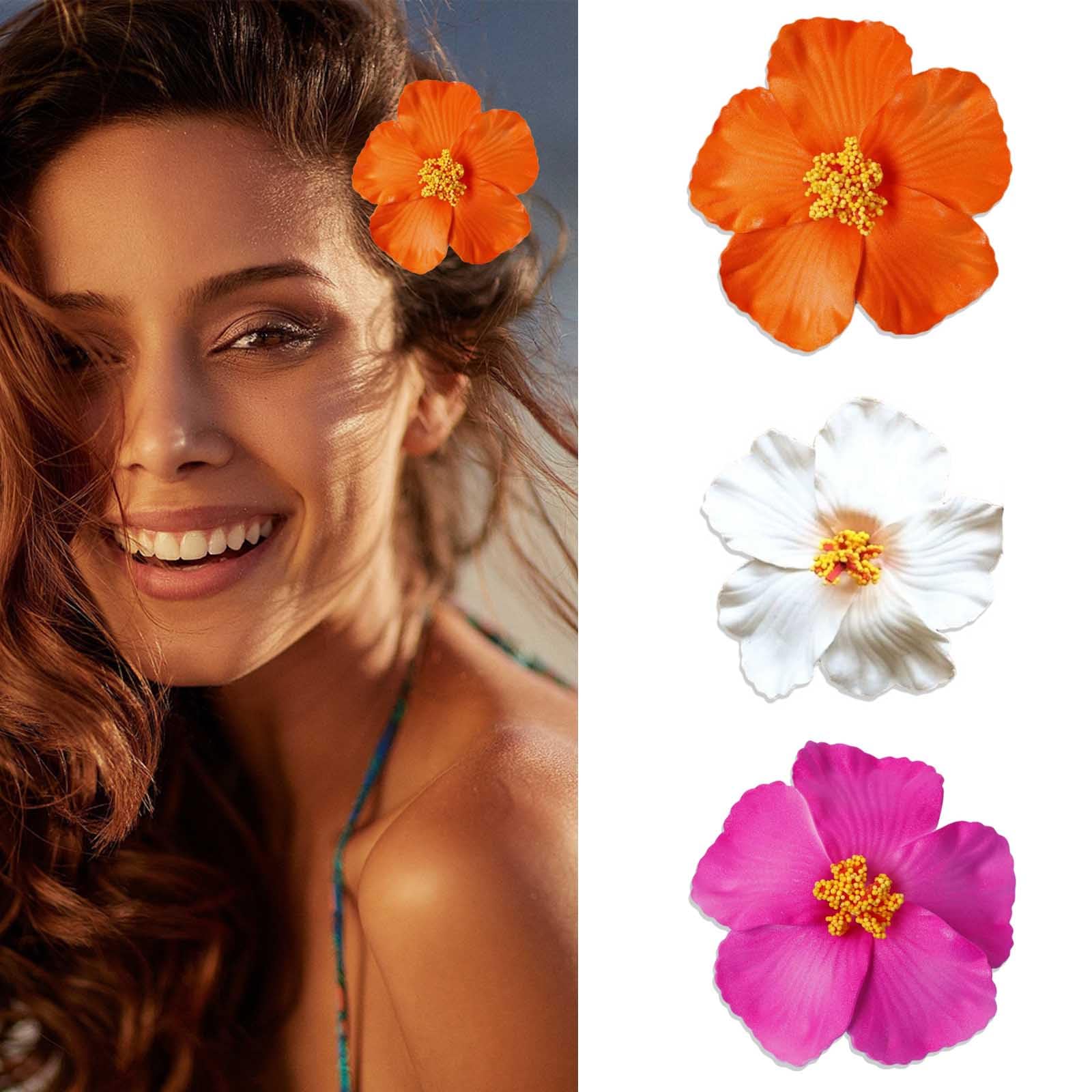 SOFISO 3Pcs Hawaiian Flower Hair Clips for Women 3.5 Inch Artificial Flower Clips Plumeria Hibiscus Hair Clip Beach Vacation Party Boho Hair