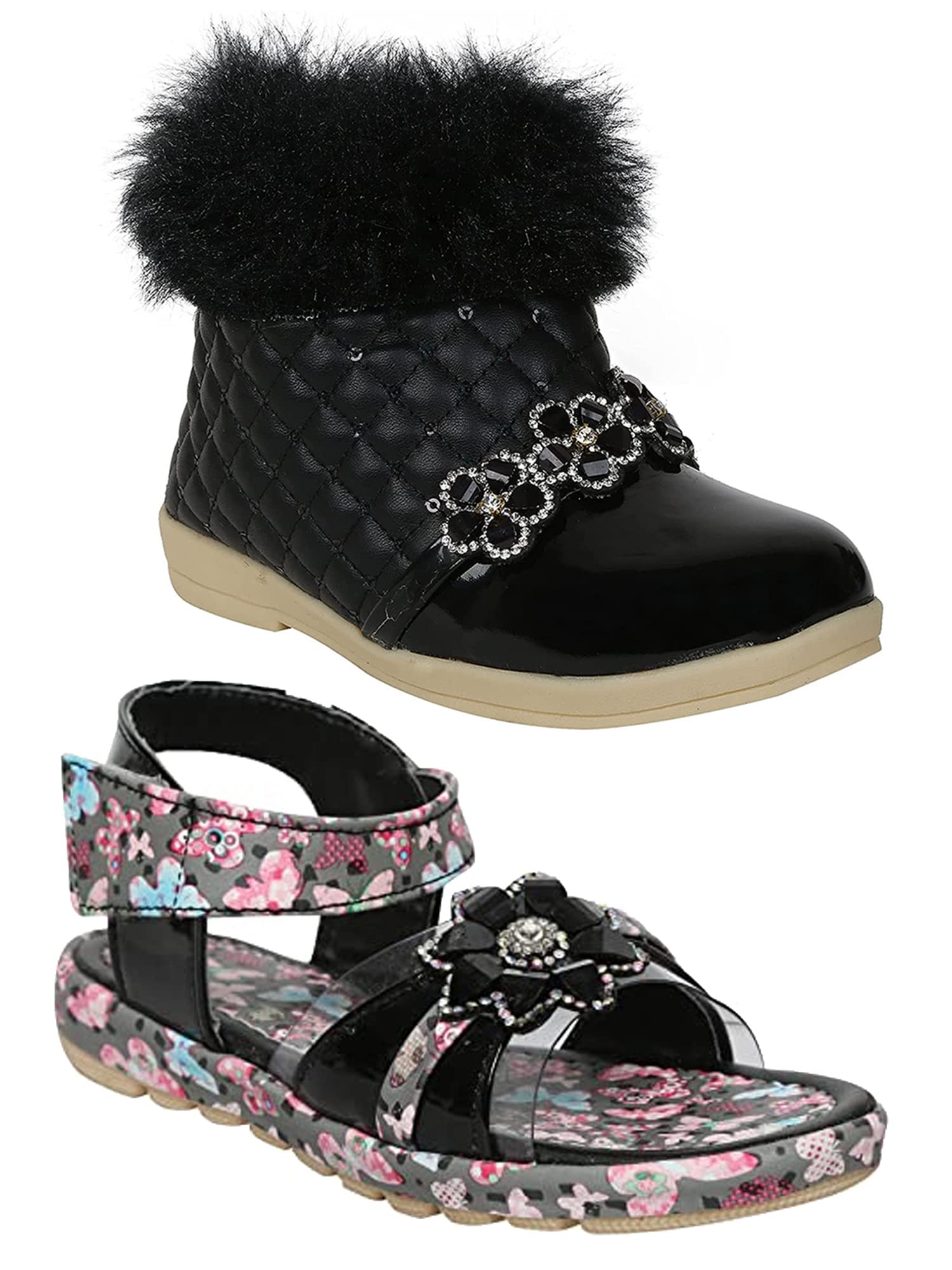 Prattle Foot Girls Boot and Sandal/Combo Pack of Sandal and Boot/Butterfly Print Girl Sandal/Ankle Boot for Girls (Pack of 2)