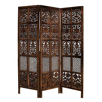 Urbane Crafts Wooden Room Partition/Screen/Room Divider/Room Separator Burnt Wood Finish (Hand Buffing) Frame Traditional Handicrafts 6Ft Height (3 Panel)