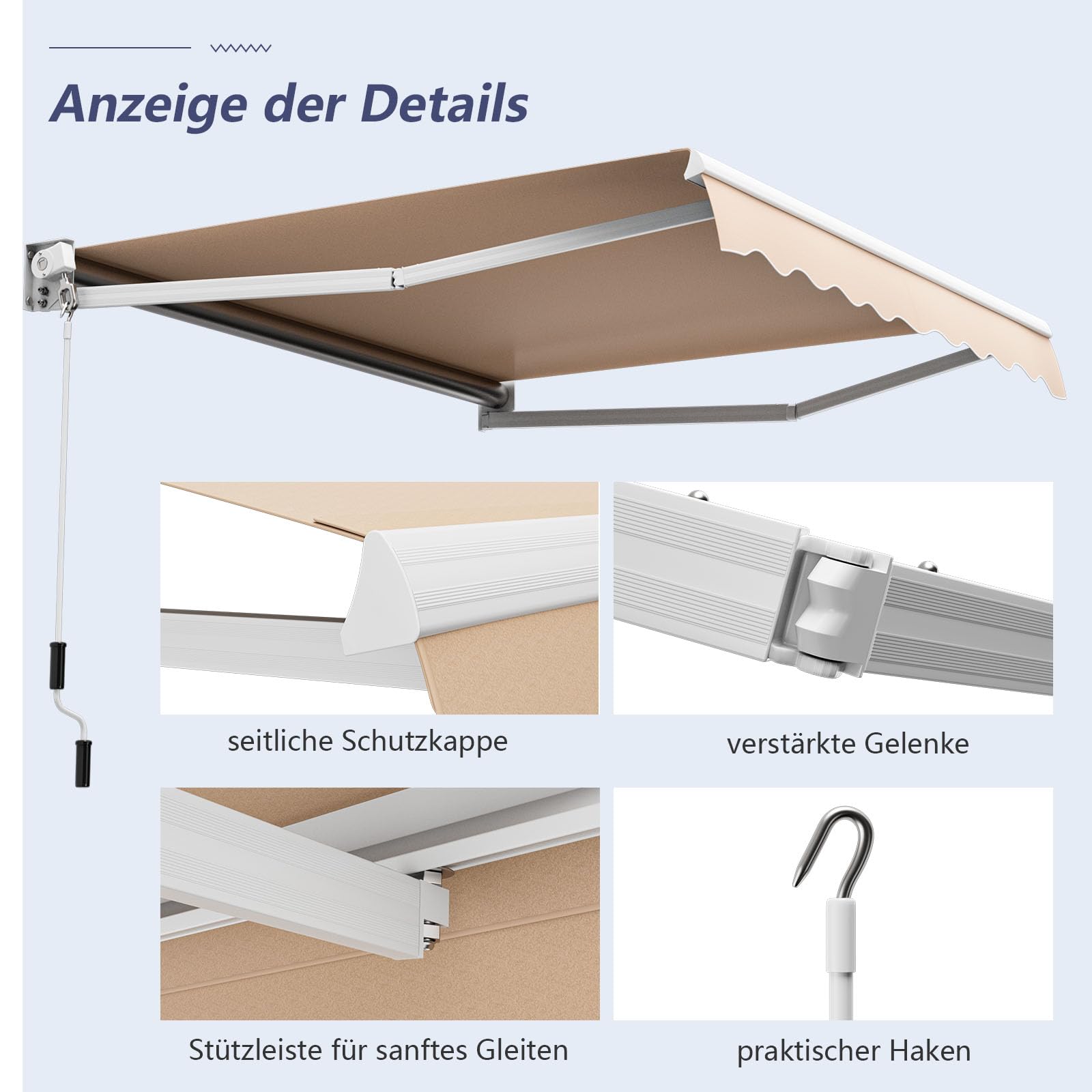 COSTWAY Markiza z ramieniem przegubowym, 250 x 200 cm, markiza tarasowa z aluminiową ramą i korbą ręczną, markiza przeciwsłoneczna, regulowany kąt 40-100°, ochrona przed słońcem i wodoszczelna, na