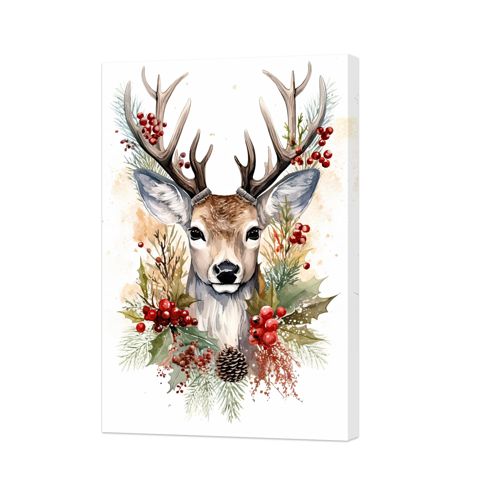ZXHYWYM Christmas Reindeer Wall Art Deer Christmas Picture Watercolor Animal Poster Winter Canvas Painting Bedroom Kitchen Decor Xmas Gifts Frame (C, (60.00 x 90.00 cms)) โ image 1