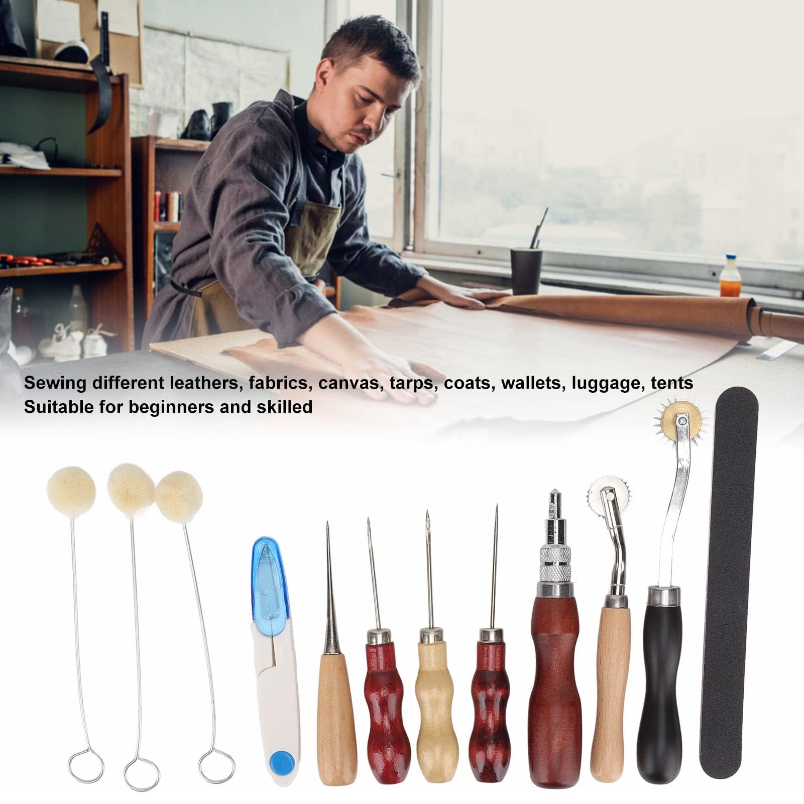 Herramientas para Trabajar Cuero, Kit de Herramientas para Cuero de Acero con Alto Contenido de Carbono, 16 Modelos, 28 Piezas, Kit Profesional para Manualidades en Cuero, para Punzonar