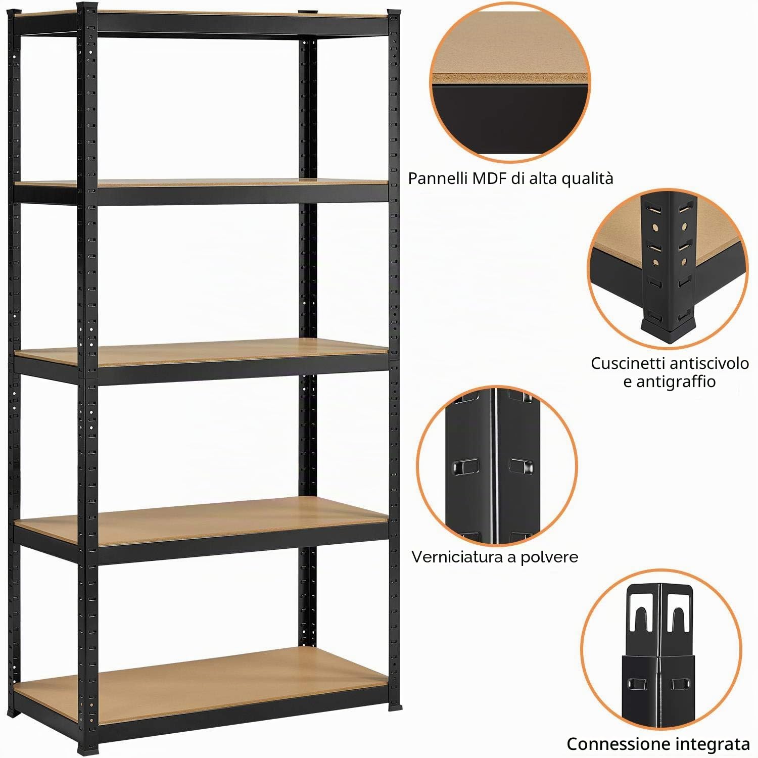 Yaheetech Scaffale in Metallo per Garage Scaffalatura Metalliche a 5 Ripiani Regolabili Scaffali da Magazzino Angolare Senza Viti Scaffale Cucina (Nero, 45x90x180 cm)