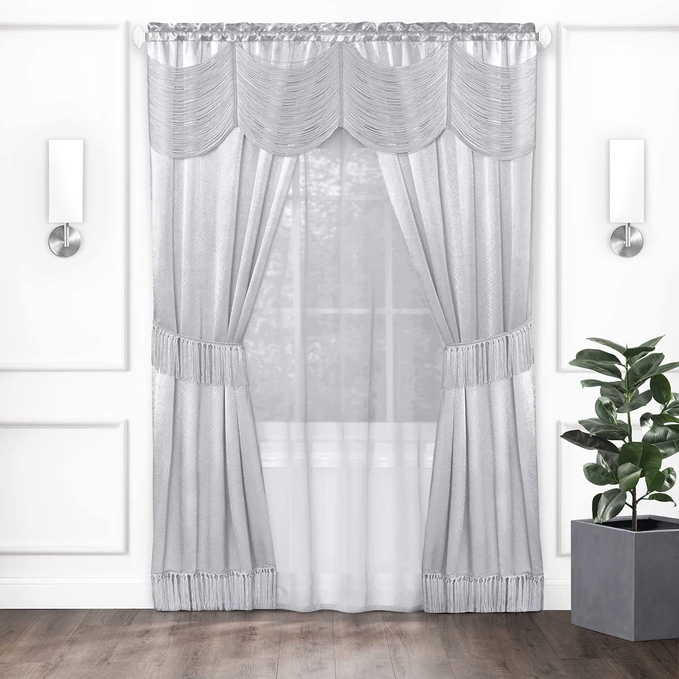 ACHIM Halley Window Curtains, 6-Piece Set - 56 Inch Width, 84 Inch Length, 2 Inch Rod Pocket - Silver - Includes Valance, 2 Solid Panels, Sheer Panel