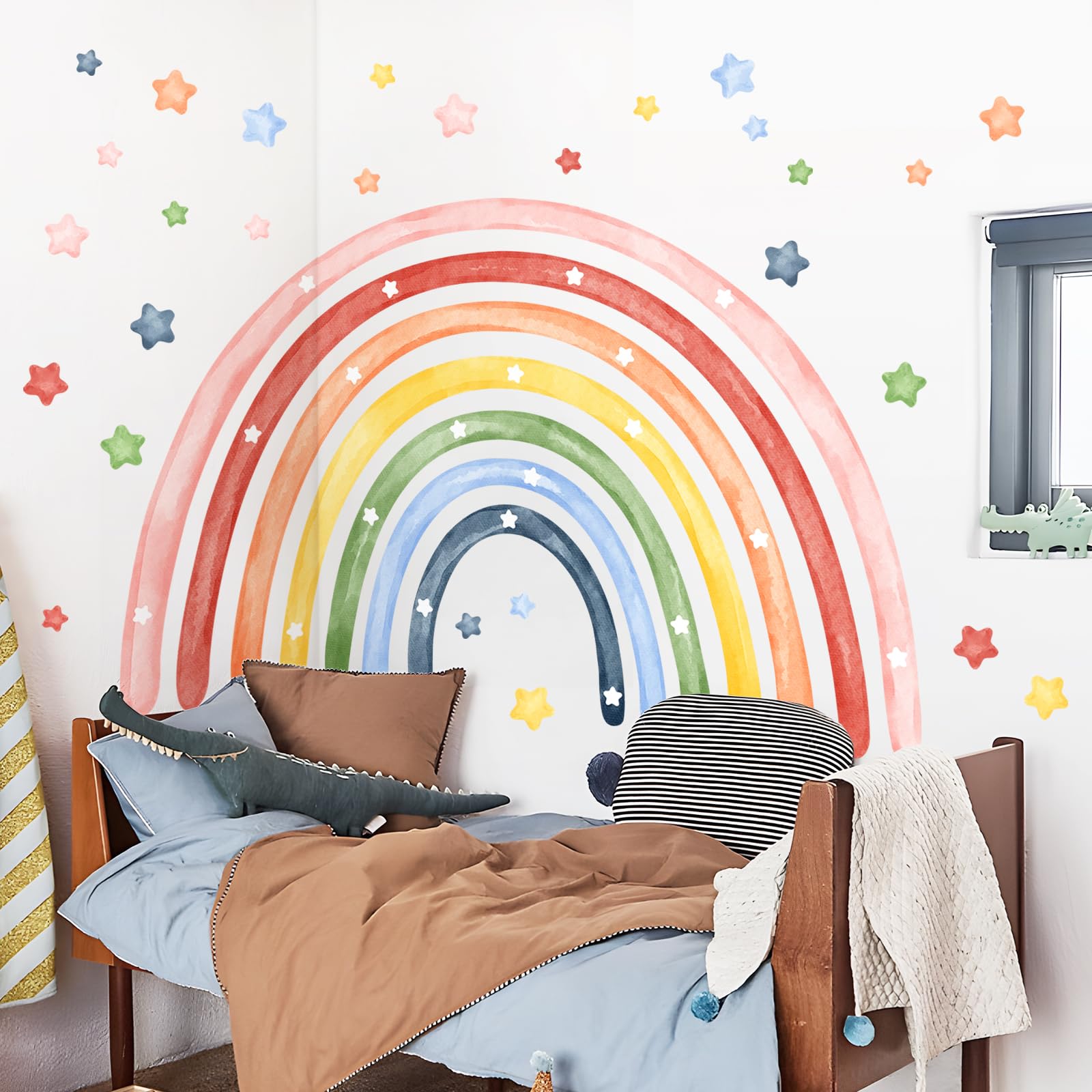 Tanlaby 56"x43" Large Rainbow Wall Stickers Watercolor Stars Wall Decals Peel and Stick Colorful Art Decor for Baby Nursery Girls Bedroom Kids Playroom Daycare Classroom 143 x 110 cm - Image 3